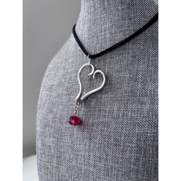 Handmade Fork Tine Heart Pendant Necklace Red beaded boho love jewelry - Picture 2 of 5